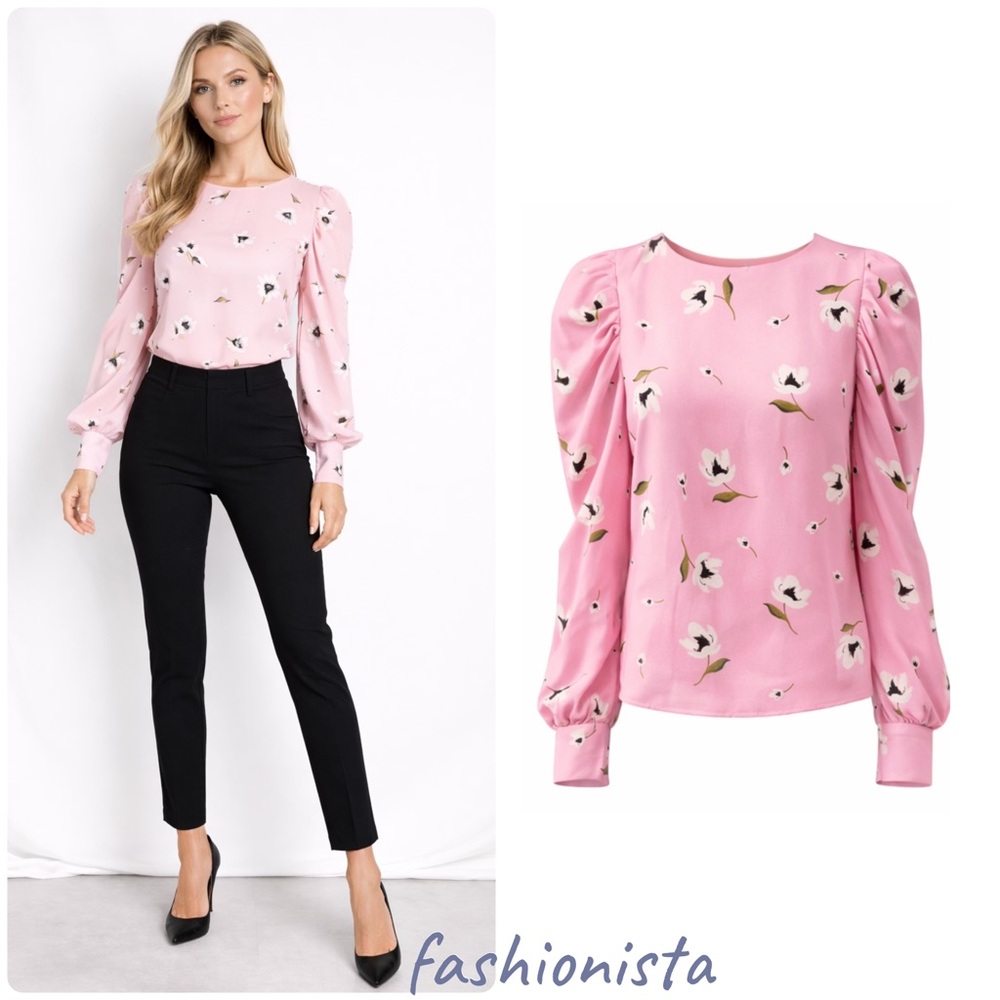 Milly Women’s 100% Silk Floral Puff-Sleeve Blouse – Pink sz.2